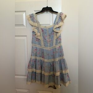 Stellah Blue Floral With Roses and Cream Lace Dress Fully Lined Ruffle Sleeves